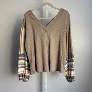 Free People Women's XS Top Waffle‎ Knit V-Neck Long Sleeve Blouse Boho Chic